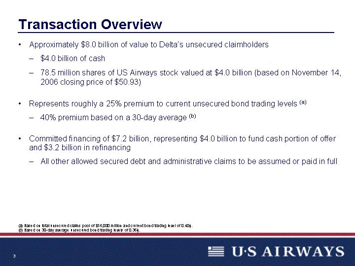 Transaction Overview Approximately $8.0 billion of value to Delta's unsecured claimholders $4.0 billion of cash 78.5 million shares of US Airways stock valued at $4.