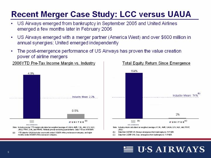Recent Merger Case Study: LCC versus UAUA US Airways emerged from bankruptcy in September 2005 and United Airlines emerged a few months later in February 2006 US Airways emerged with a merger partner