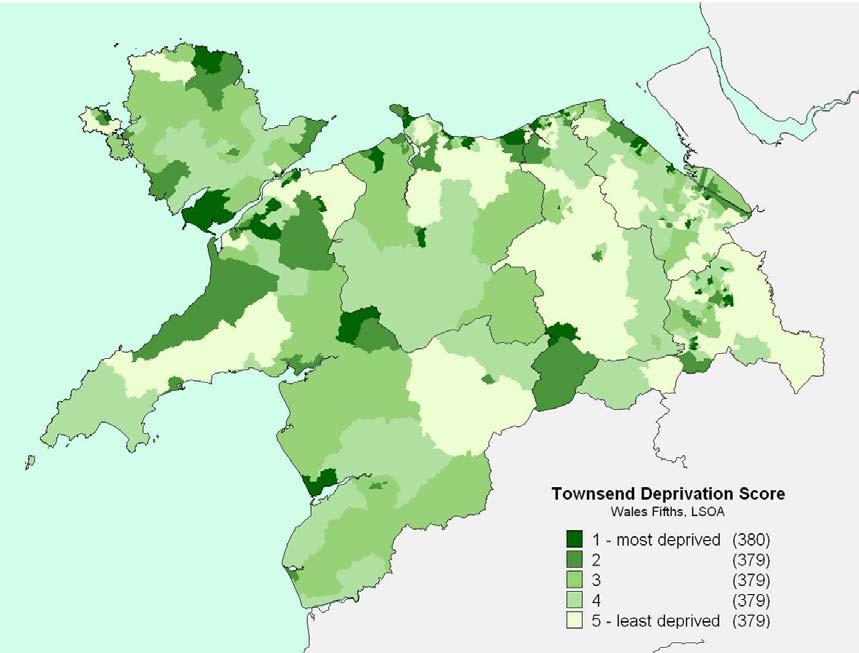 Figure 7: N.B. In this map, the 1896 LSOAs in Wales have been split into five equal groups based on deprivation scores.
