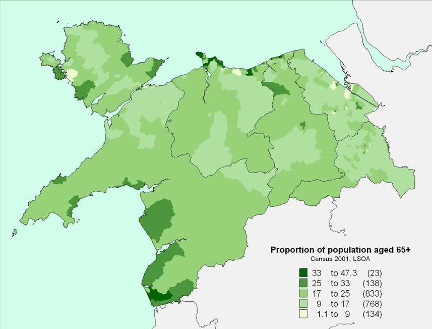 Figure 3 shows the proportion of people aged 65+ in North Wales at Lower Super Output Area (LSOA) level.