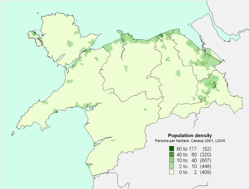 It is apparent that the few densely populated areas in this region are situated around urban centres, for example in Rhyl and Wrexham.