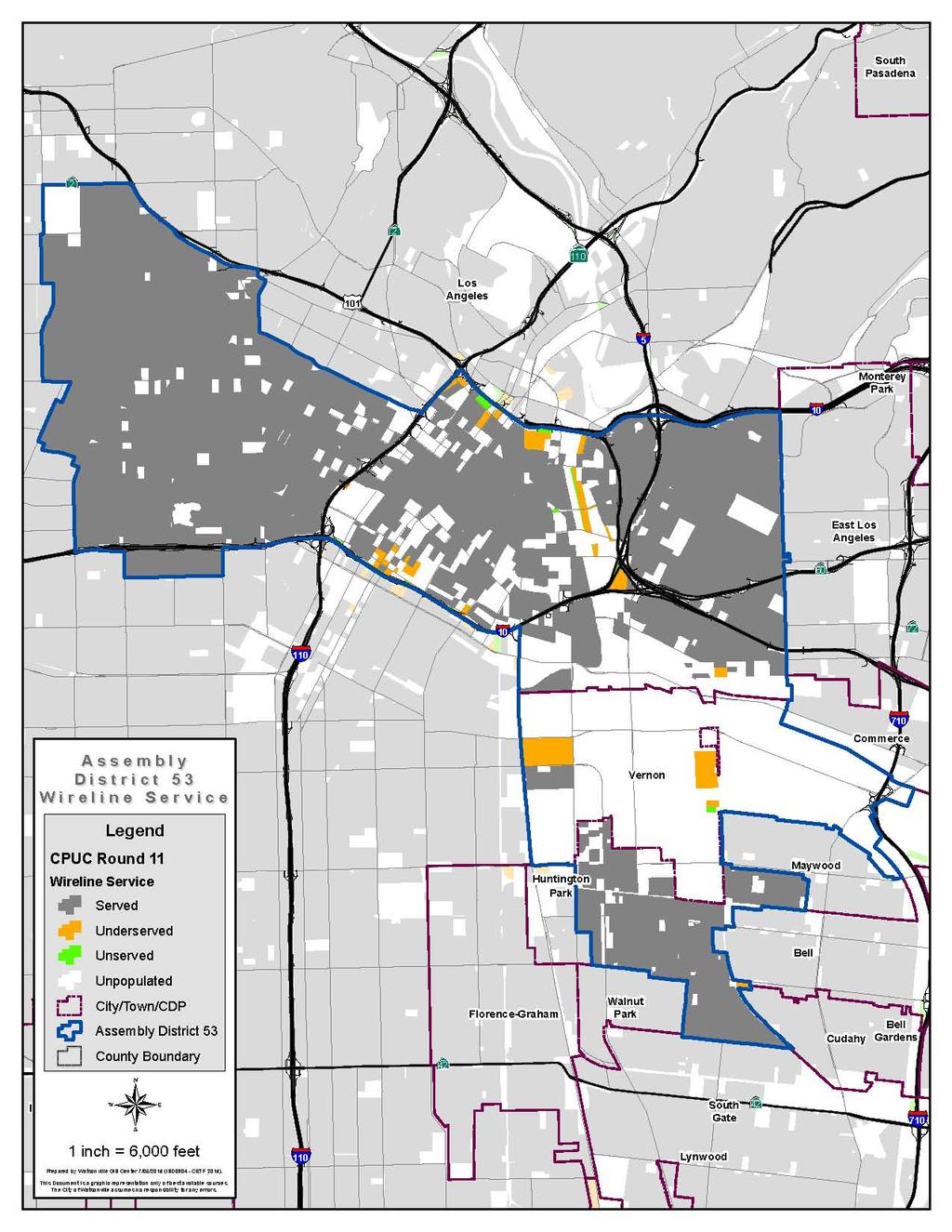 The Digital Divide In Assembly District 53: Broadband Wireline Service District 53 Served Underserved Unserved Total Households 173,779 119 6 173,904 100% 0% 0% 100% Population 463,430 400 86 463,916