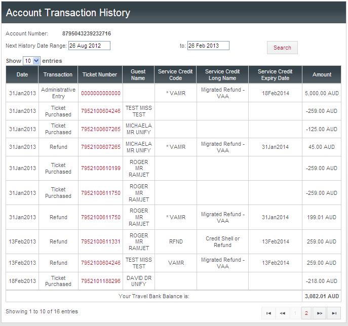 The Account Transaction History of your Corporate Travel Bank allows you to view any transaction where Corporate Travel Bank was used.