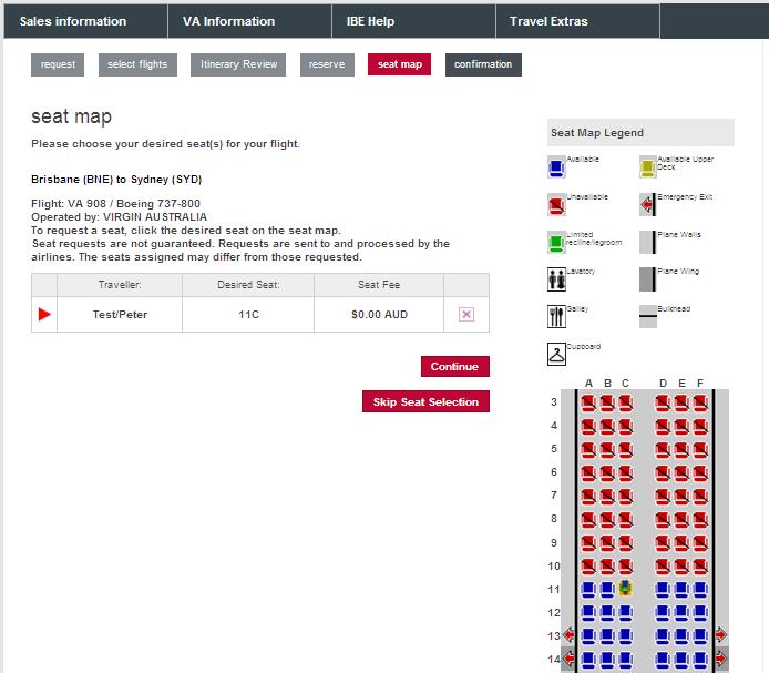Step 6 Select Seat (optional) Click on the guest s preferred seat on the seat map provided, and click Continue.