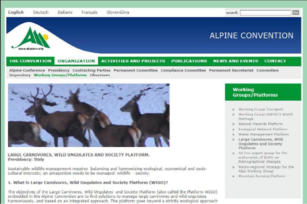 The role of the Alpine Convention THE PLATFORM LARGE CARNIVORES, WILD UNGULATES AND SOCIETY Base: need for a new cross-border and participatory approach!
