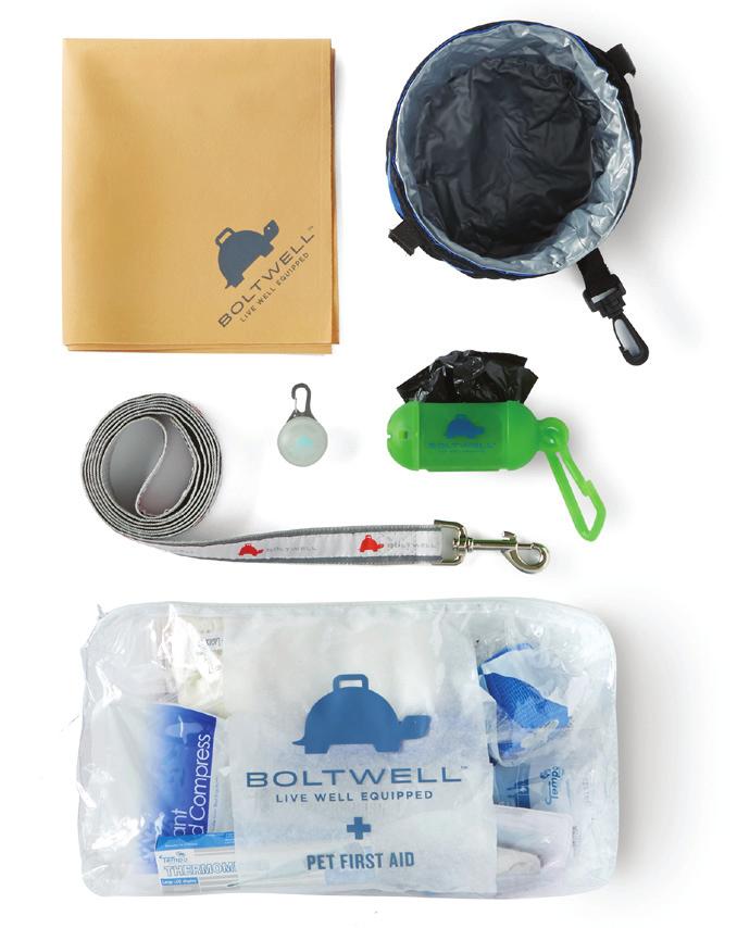 in the kit Quick Dry Chamois Towel Pet First Aid Manual Pet First Aid Kit Collapsible Pet Bowl Pet Waste Bags & Dispenser Pet Collar Light Reflective Leash B*7 PET EMERGENCY KIT We know people love