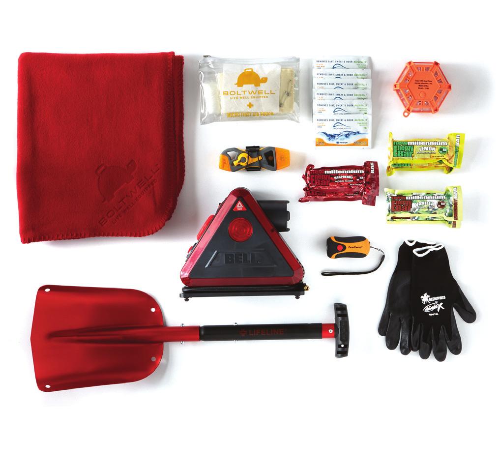 in the kit Bathing Wipes Work Gloves Fleece Blanket Tire Inflator Car Emergency Escape Tool LED Flare Disposable Lighter Lightweight Shovel Disposable Toilet Bags Mini Duct Tape Micro First Aid Pouch