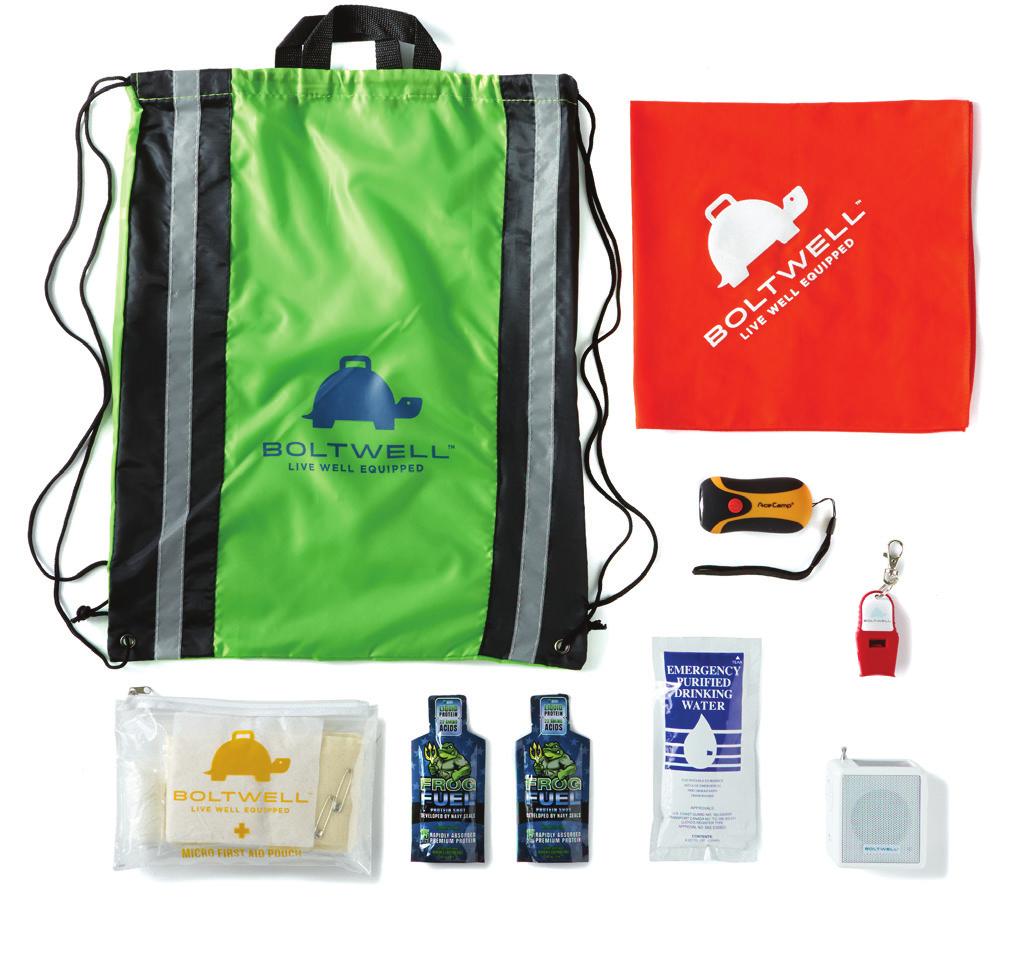 in the kit Water Pouch Protein Shots (with caffeine) Lightweight Knapsack Small Weather Radio Bandana Micro First Aid Pouch Hand Crank Flashlight Whistle B*68 grab & go kit When something