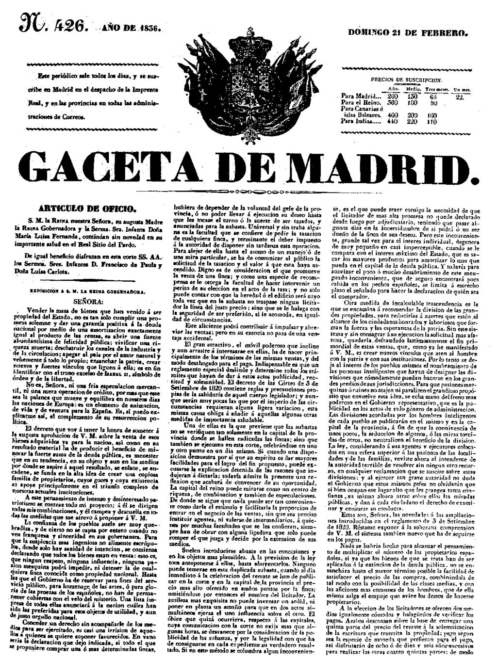 176 Prontuario metodolóxico para o estudo da desamortización na comarca estradense Exemplar da Gazeta de Madrid do 21