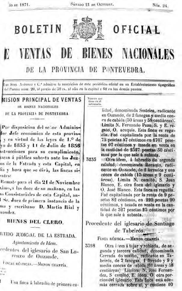 184 Prontuario metodolóxico para o estudo da desamortización na comarca estradense Cabeceira do Boletín Oficial de Venda
