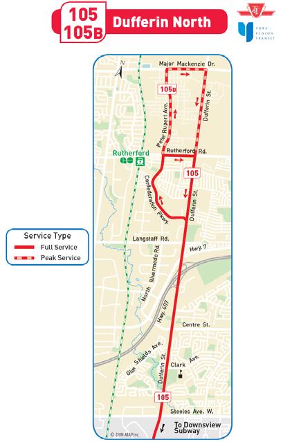 Route: TTC 105 Dufferin North Type: Base Description: Main north-south route operating along Dufferin Street between Downsview subway station and Rutherford Road.