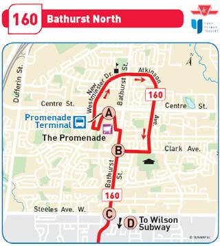 Route: TTC 160 Bathurst North Type: Base Description: This route originates from Wilson subway station and serves the Thornhill community surrounding the Promenade Mall.