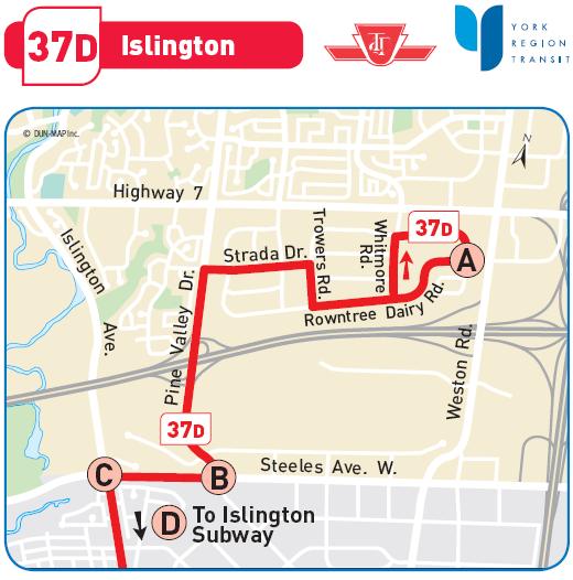 Route: TTC 37D Islington Type: Local Description: Main route connecting the Pine Valley industrial area to Steeles Ave and Islington subway station.