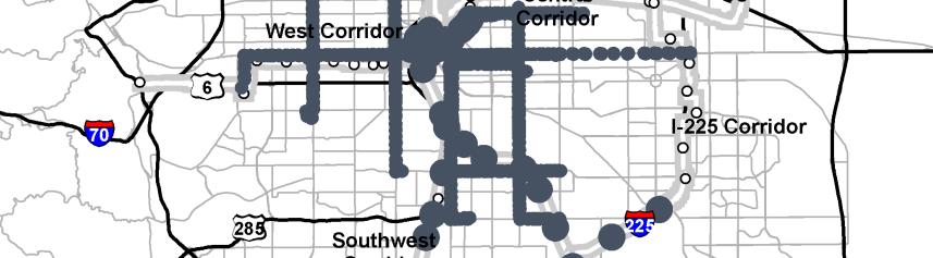 mile radius of bus stops with 15-minute or better peak & off- peak headways 30% of Denver s regional