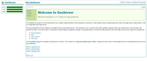 Sav rad s Geoserver-om se vrši putem administracijskih stranica koje predstavljaju jednostavno grafičko sučelje. Nakon pokretanja Geoserver-a možemo otvoriti administracijske stranice (Slika 16).