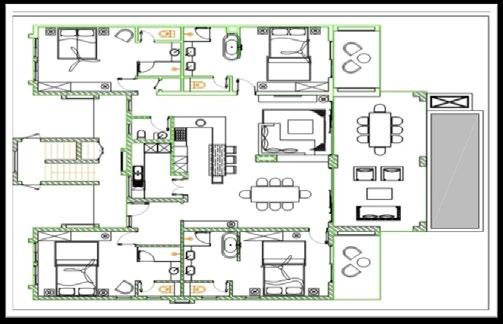 Floor plan of a Suite of bedrooms without swimming pool. Swimming pool. Veranda. Lounge.