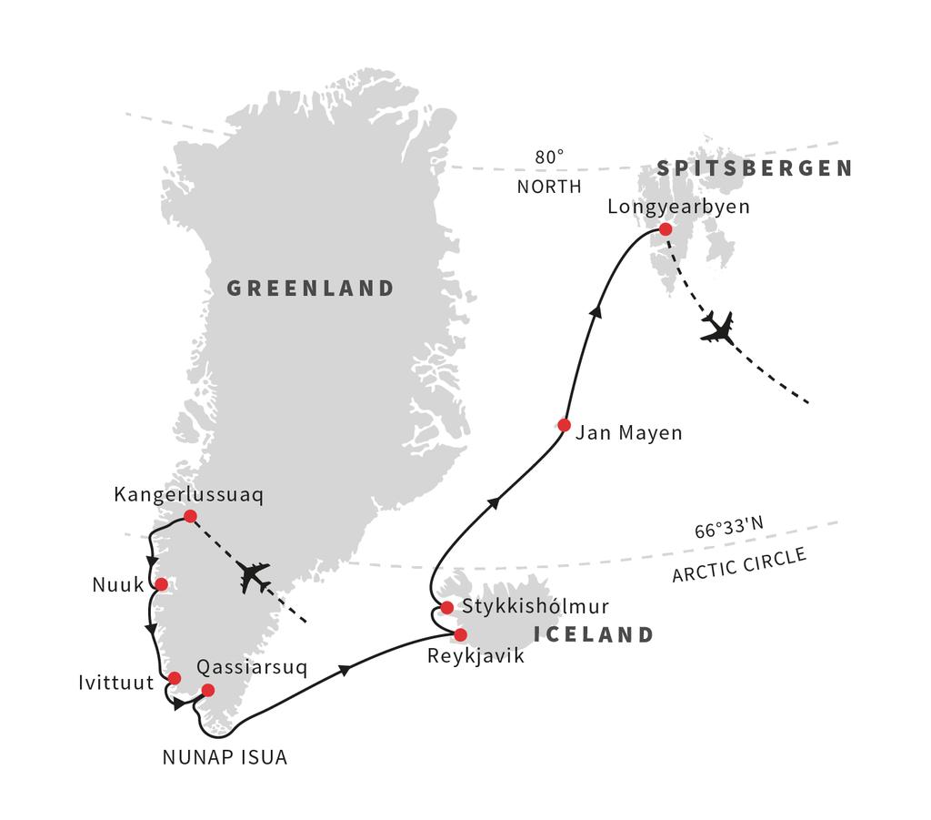 Discover Norse heritage in Greenland, Jan Mayen, Iceland and Spitsbergen all in the same journey See a number of spectacular large fjord systems in Greenland and on Spitsbergen See the amazing and