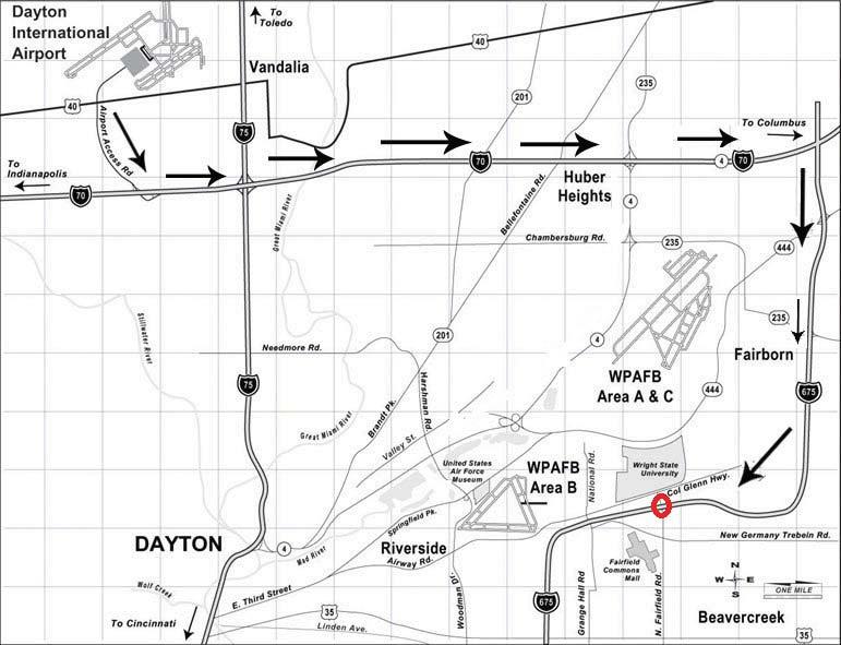 Dayton International Airport to WPAFB 1. Take the Airport Access Road SOUTH to Interstate 70. 2. Go EAST on I-70 to I-675 (exit 44A). 3. Go SOUTH on I-675 to North Fairfield Road (exit 17).
