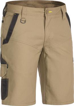 BISLEY FLEX & MOVE KHAKI SHORTS Style: 21030W Contrast stretch canvas - front and back upper hip and back inner thigh Curved waistband for better fit and to prevent gaping at back Front slant pockets