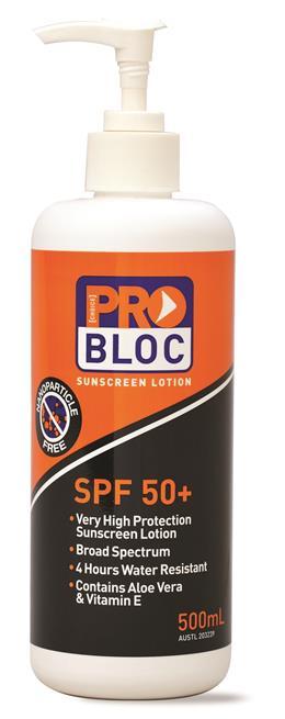 PROBLOC 500ML SPF50 PUMP SUNSCREEN Style: 40305W Sunscreen 500ml bottle SPF50+ with moisturising Vitamin E 3 hours water resistant Pump action bottle PROBLOC 1 LITRE