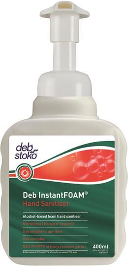 DEB INSTANT FOAM HAND SANITISER 400ML PUMP Style: 41098W Alcohol-Based Foam Hand Sanitiser Perfume-free and dye-free, hypo-allergenic, alcohol based foam hand sanitiser Use without water to kill 99.