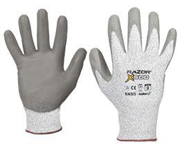 CUT RESISTANT RAZOR X500 CUT RESISTANT GLOVE Style: 50119W HPPE spandex polyester liner with PU palm coating Razor X500 combines cut protection with comfort, flexibility and dexterity.