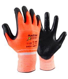 Certified to EN388: 2016 Level 4X43D Pack size - 12pairs Carton size - 144pairs RAZOR X550 CUT RESISTANT GLOVE Style: 50126W HPPE spandex hi-vis polyester glass fibre plait knitted liner with nitrile