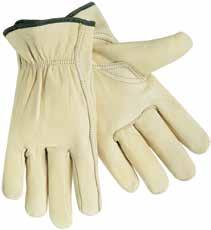 Cowhide Leather Drivers Gloves Grain cowhide leather construction. Gunn cut with straight thumb and bound hem. Shirred elastic wrist for a secure fit.