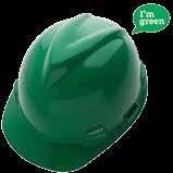 standard cap Hi-viz yellow/green Fas-Trac III Ratchet V-Gard GREEN Protective Helmets Produced from green high-density polyethylene (GHDPE), a biopolymer made from sugarcane-based ethanol.