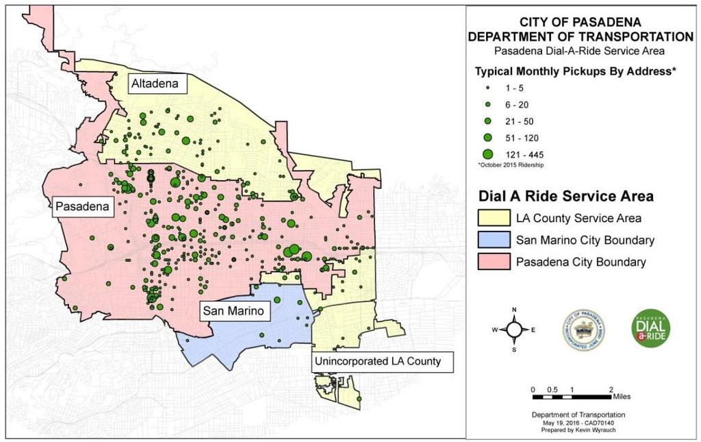 Ridership Characteristics Pasadena Dial-A-Ride typically picks up on average about 6,200 passengers a month. Map 10 provides a geographic representation of a typical month of Dial-A-Ride pick-ups.