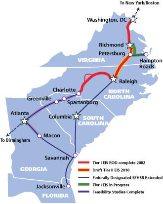 Charlotte and Greensboro, passing sidings on the line from Greensboro to Raleigh and some funding for a new station in Raleigh.