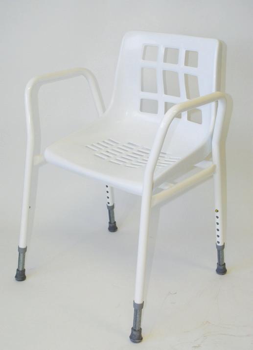 SHOWER CHAIR Made from powder coated, corrosion resistant, galvanised tubing, this shower chair features adjustable