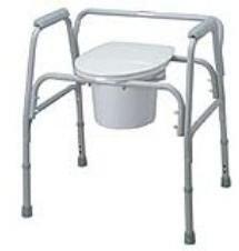 Folding Commode/Over Toilet Aid 2 Can be used beside the bed as well as over the toilet 2 Includes commode pan, toilet seat, toilet lid & removable backrest 2 Steel frame with plastic seat 2 Folds