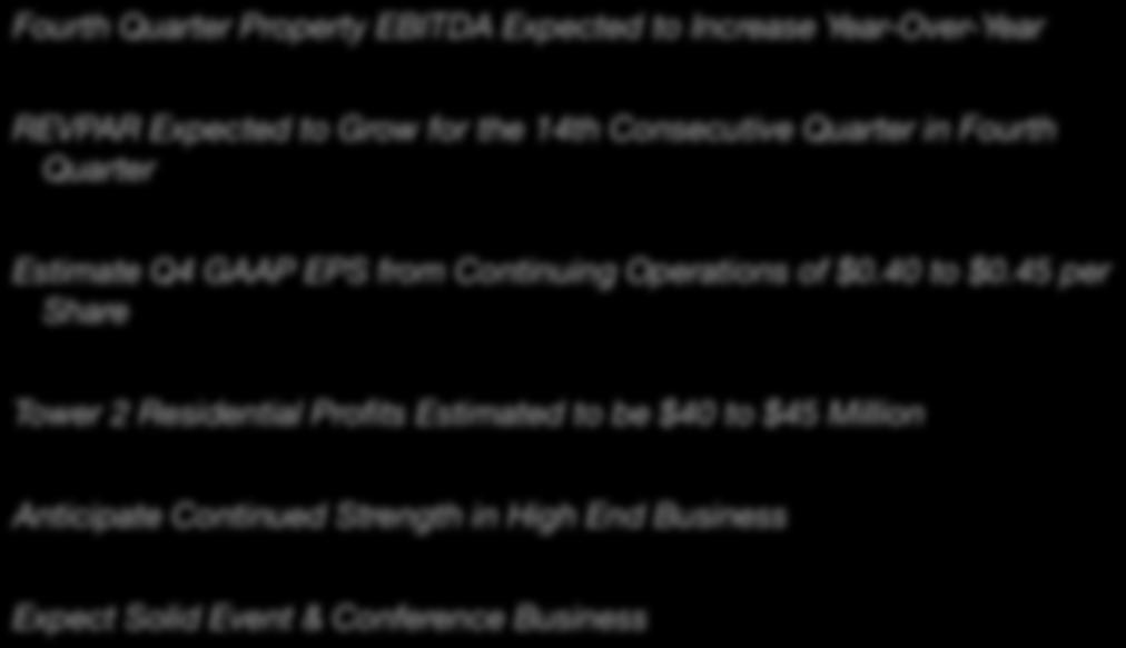 OUTLOOK Fourth Quarter Property EBITDA Expected to Increase Year-Over-Year REVPAR Expected to Grow for the 14th Consecutive Quarter in Fourth Quarter Estimate Q4 GAAP EPS from Continuing