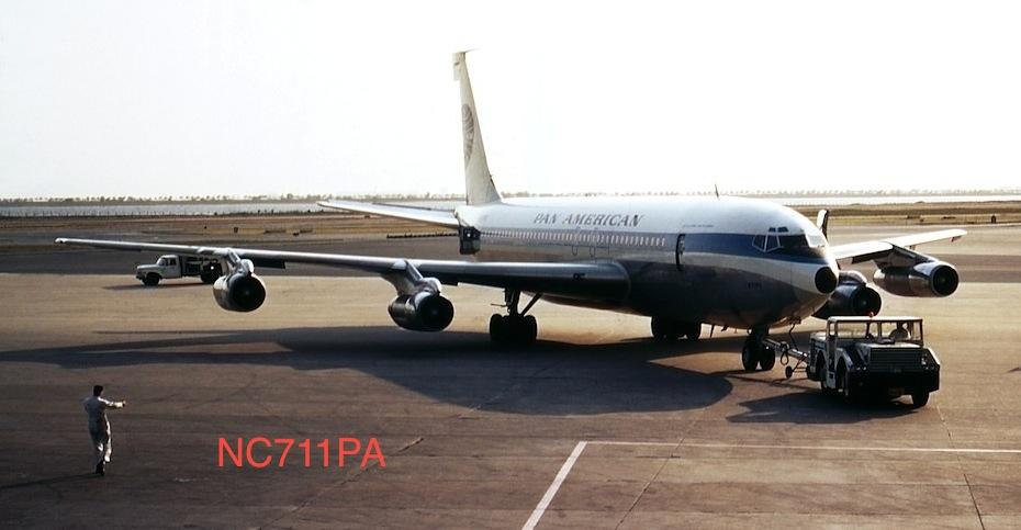 On October 26, 1958 Pan American entered the jet age with a B707-121 named Clipper America, registration NC711PA, as shown below.