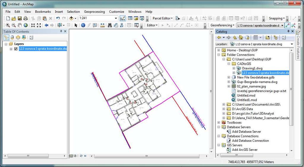 Slika 4 - Dodavanje CAD skupa podataka na mapu [2] Za naprednije prostorne analize CAD podatke je neophodno učitati u geoprostornu bazu podataka, što se može izvršiti eksportovanjem CAD klasa