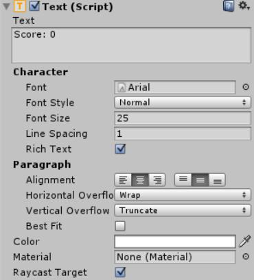 Score Razvoj 3D igre Tekst Score objekta je bele boje, poravnat po sredini, i horizontalno i vertikalno, što podešavamo uz pomoć atributa Color i Alignment.