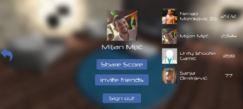 Facebook integracija Android platforma prijateljima koje sam odabere, klikom na dugme Invite Friends. Na kraju, dodajemo dugmiće za Sign out, i povratak na prethodni meni. Slika 6.