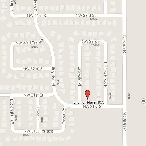 Brighton Place HOA 6-8 pm Location: 3200 Coxwald Pl. - Nearest main road cross streets are NW 31st and Sara Road.