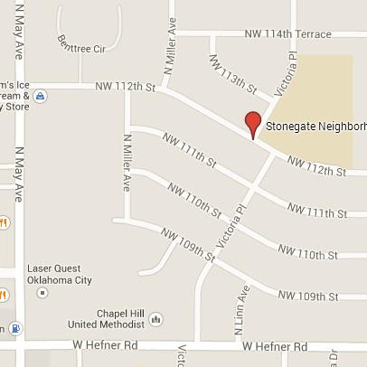Stonegate Neighborhood Association 6:30pm Location: NW 112th & Victoria - From NW 112th and May Ave, go east to Victoria (approximately 3 blocks east) to Greystone Lower Elementary School.