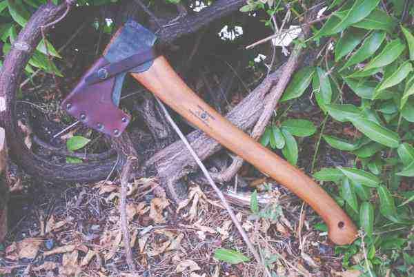 Here stuck in a piece of olive wood The Small Forest Axe, is a very nice looking axe.