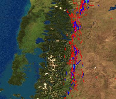 Result: Computer Program for identification of wave climbs in Andes (colors = wave strength