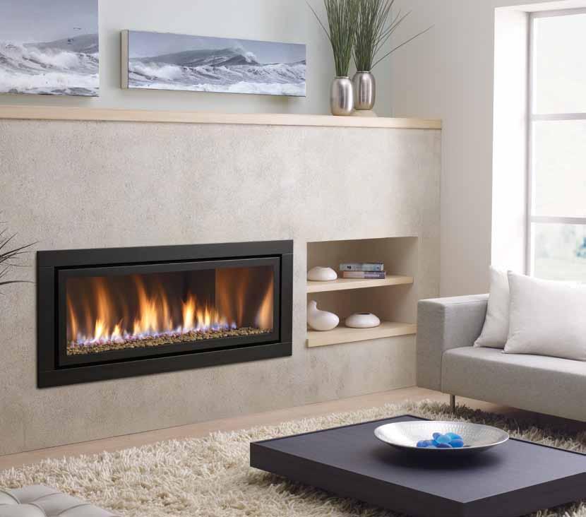 Gemfire 54 gas fire Above: Gem54 shown with black fascia, reflective inner panels, ceramic spa stones and natural river pebbles (shown without mandatory dress guard).