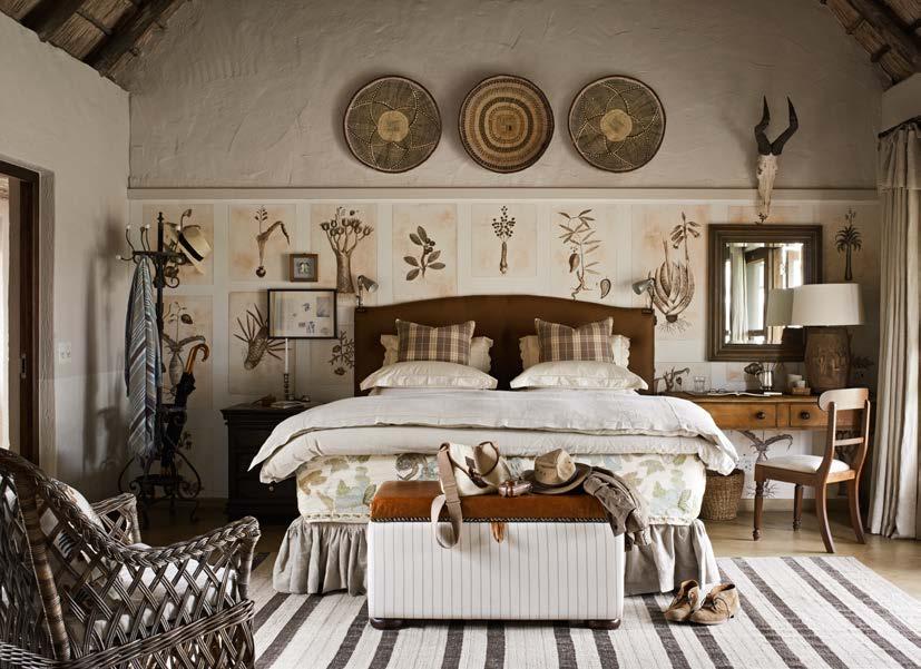 Unbuttoned, lived-in appeal Botanical art references, luxurious bedding,