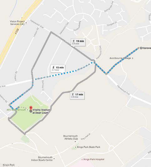 Map A VITALITY STADIUM ACCESS STATEMENT Travelling to vitality stadium ACCESSIBLE PARKING (cont) Free matchday parking is available at Harewood College, which is a 10-minute walk across the park to