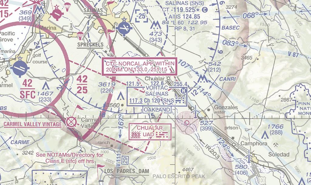 VFR PROCEDURES SOUTH - ARRIVALS OVER CAMPHORA SALINAS AIRPORT N36 39'46.57" W121 36 33.85 17NM @ 317 CAMPHORA N36 27'10.96" W121 22 10.87 FLY AT OR ABOVE 7,500' MSL NORCAL APPROACH 133.