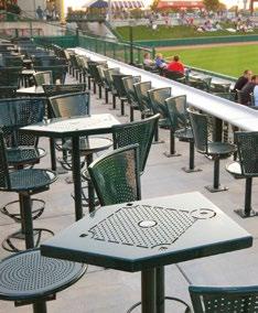The Stadium Collection table is made with corrosion-resistant stainless steel and is available with a 24-inch round, square or home-plate-shaped table top.
