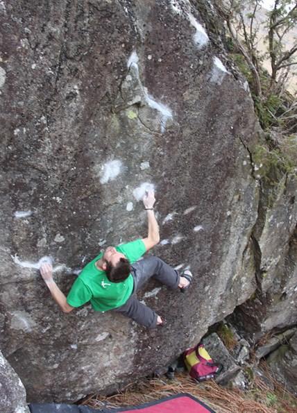 18) Nova Scotia Arête (C+/V) SDS Tackle the striking arête as direct as is possible. Awesome! *** Gang One Boulder 10m down hill from the Canada Boulder are four boulders in a vaguely square layout.