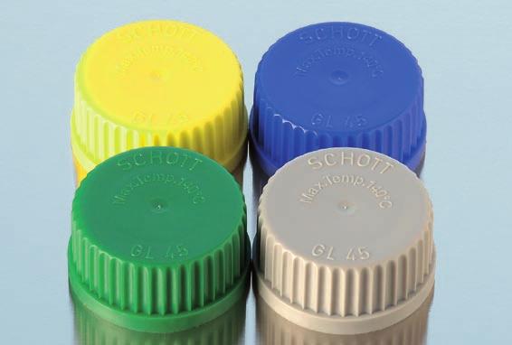 22 DISTINGUISHABLE: COLOUR SCREW CAPS FOR DURAN LABORATORY GLASS BOTTLES The standard PP screw cap is available in blue, green, yellow and grey with matching pouring rings.