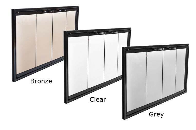 Glass Options Glass Options Our Lifetime Warranty Tempered Glass comes in three optional tints, Clear, Bronze and Grey (aka Smoke).